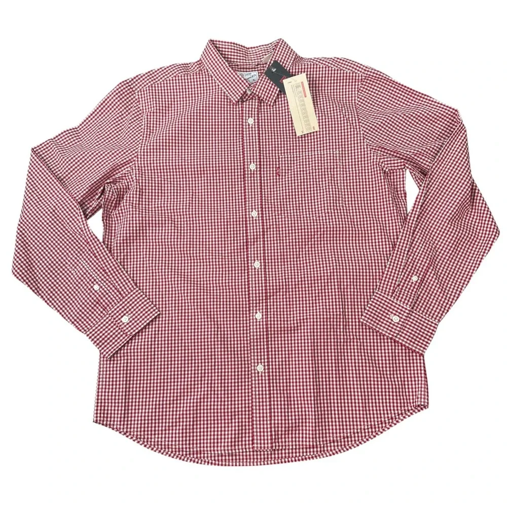 Levi Mens Sunset One Pocket Red Gingham Check Long Sleeve Button Up Shirt Size L